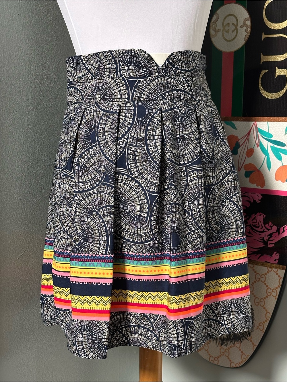 Blue Rain Tribal Print Skater Skirt w/Rainbow Stripes Boho Summer Beach Size M